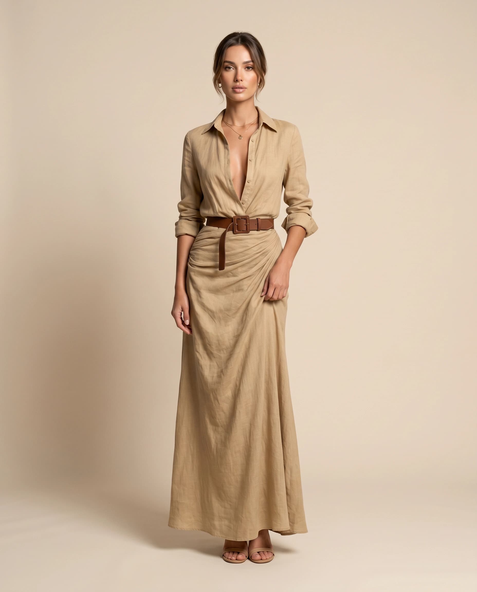 Flowy Romantic Warm Beige Wrap Maxi Dress Includes Belt Fashion