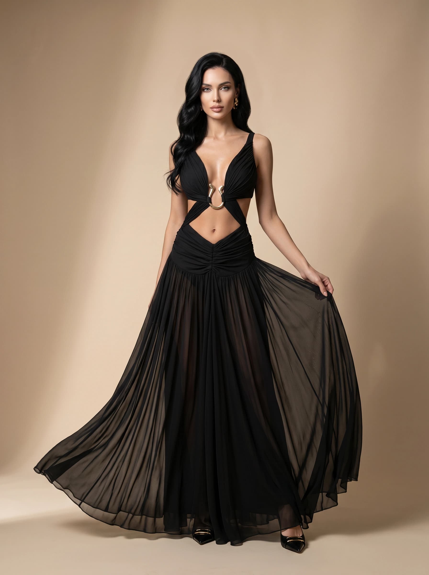 Flowy Black Cut-Out Maxi Dress in Chiffon — Romantic Party-Ready Elegance