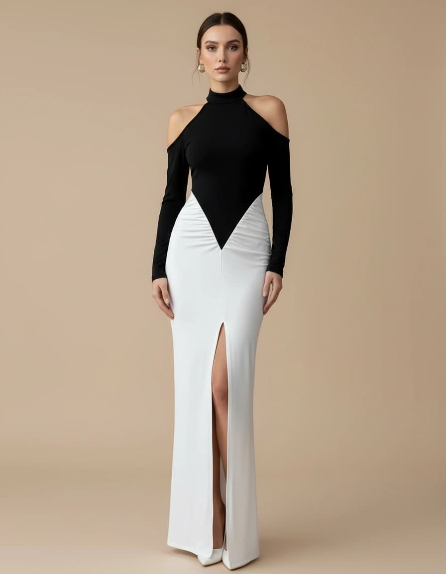 Noir Sculpt Cut-Out Evening Gown in sleek black, featuring elegant cut-out details for a stunning silhouette.