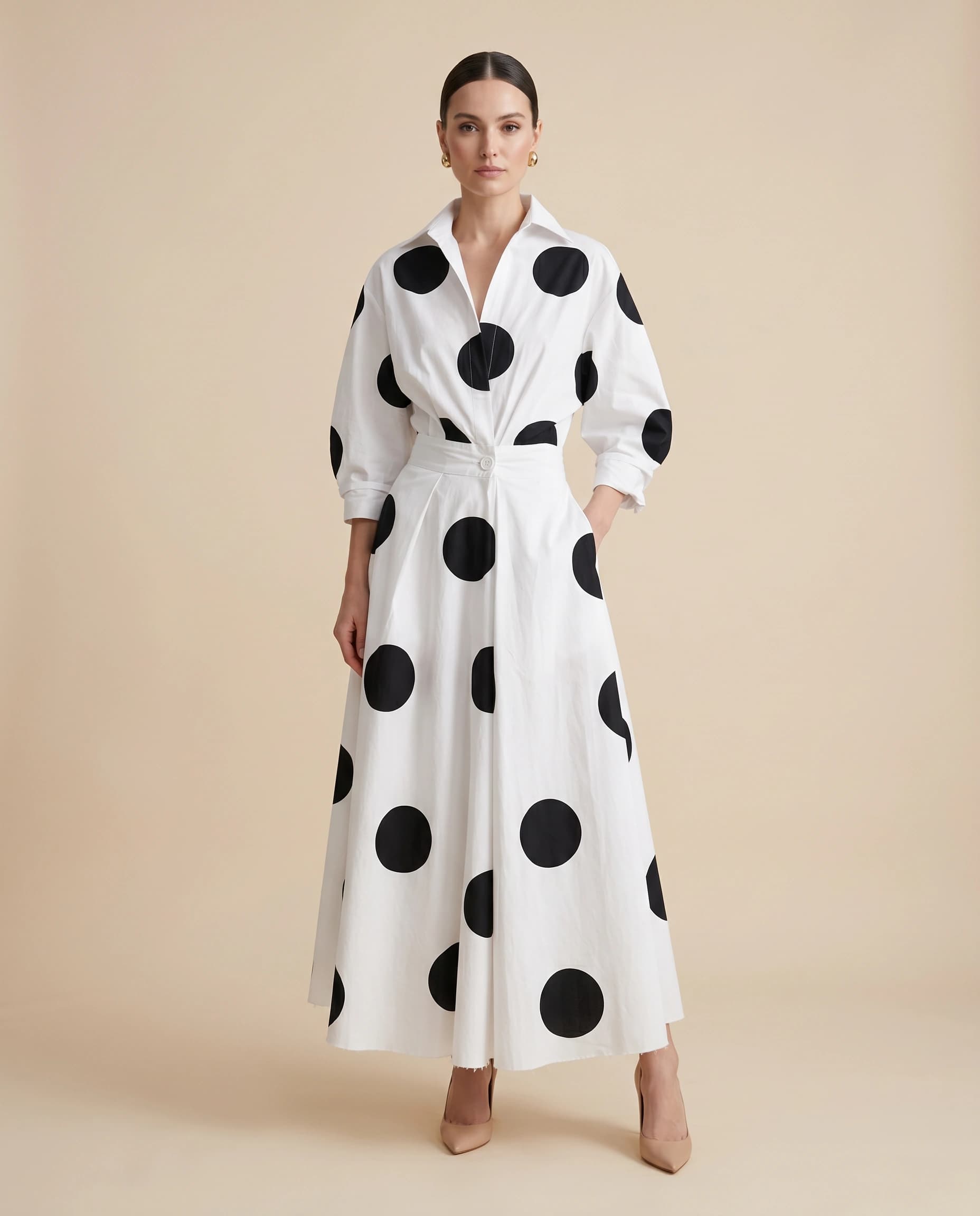 Relaxed Fit White with Black Polka Dots Shirt Dress
