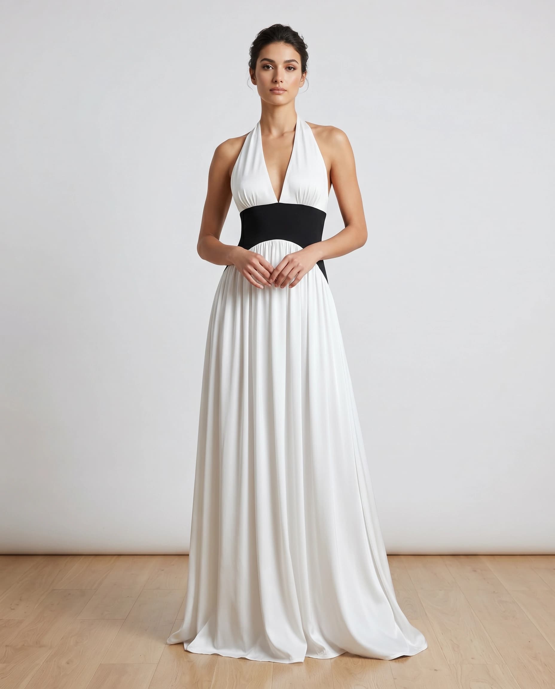 Elegant White and Black Halter Neck Evening Gown
